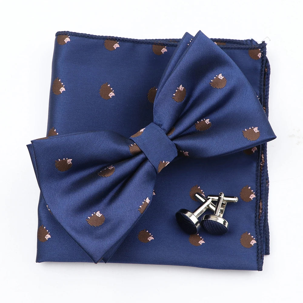 3PC Mens Bowtie Set Fashion Dot Solid Polyester Bow Tie Handkerchief Cufflinks Bar Party Wedding Business Daily Wear Accessories