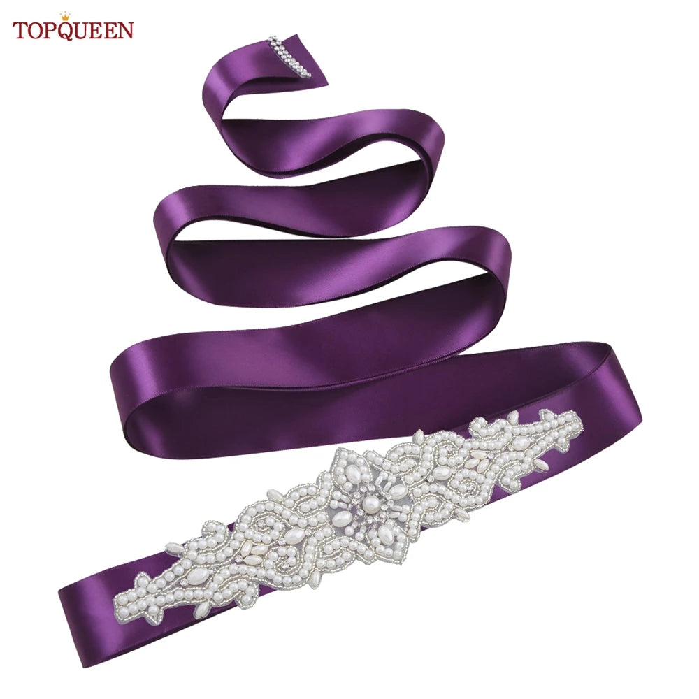 TOPQUEEN Wedding Dress Belt Luxury Full Pearl Bridal Belt Women Moroccan Decoration Satin Ribbon Belt Handmade Beaded S26A