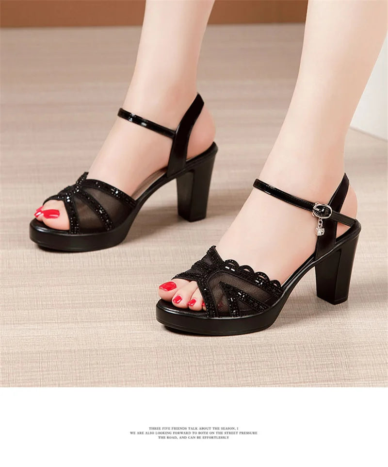 BEYARNE Big Size 32-43 Open Head Lace Platform Sandals Summer Shoes Block High Heels Sandals Women All Match Office Party