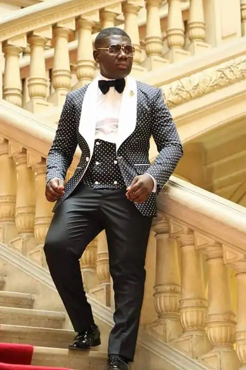Men Suits Light Navy Blue and Black Groom Tuxedos Shawl Lapel Groomsmen Wedding Best Man ( Jacket+Pants+Bow Tie+Vest ) C684