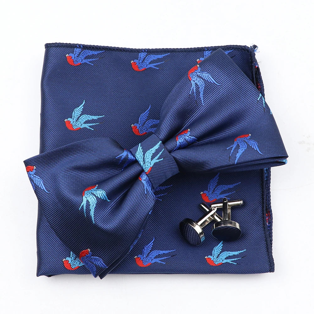 3PC Mens Bowtie Set Fashion Dot Solid Polyester Bow Tie Handkerchief Cufflinks Bar Party Wedding Business Daily Wear Accessories