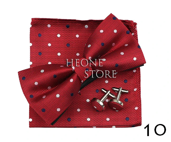 3PC Mens Bowtie Set Fashion Dot Solid Polyester Bow Tie Handkerchief Cufflinks Bar Party Wedding Business Daily Wear Accessories