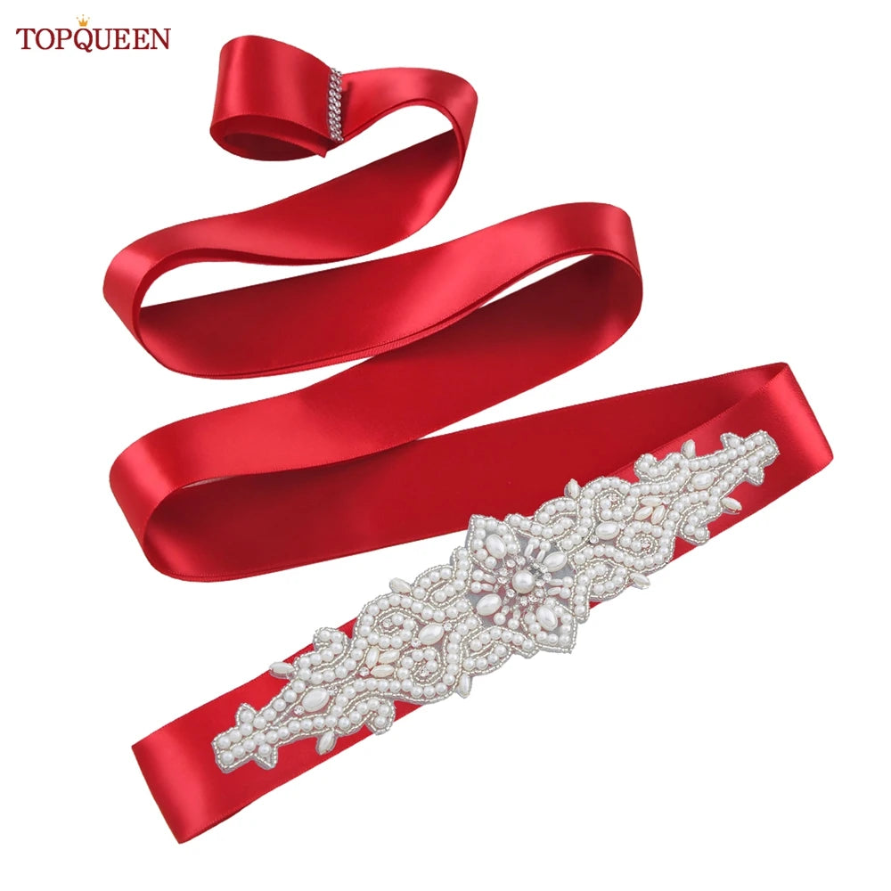 TOPQUEEN Wedding Dress Belt Luxury Full Pearl Bridal Belt Women Moroccan Decoration Satin Ribbon Belt Handmade Beaded S26A