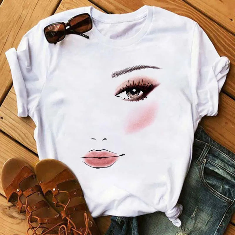 Maycaur New Cute Eye Lashes Red Lips Print Women T Shirt Summer Casual Short Sleeve O Neck T-shirt Fashion Ladies Shirt Tops