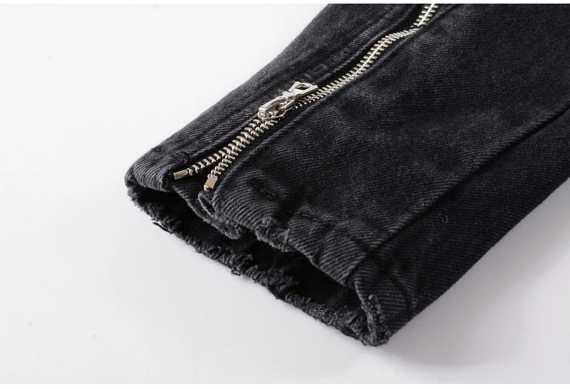 Sokotoo Men's zippers black biker jean jacket Streetwear thick denim slim coat with belt High quality