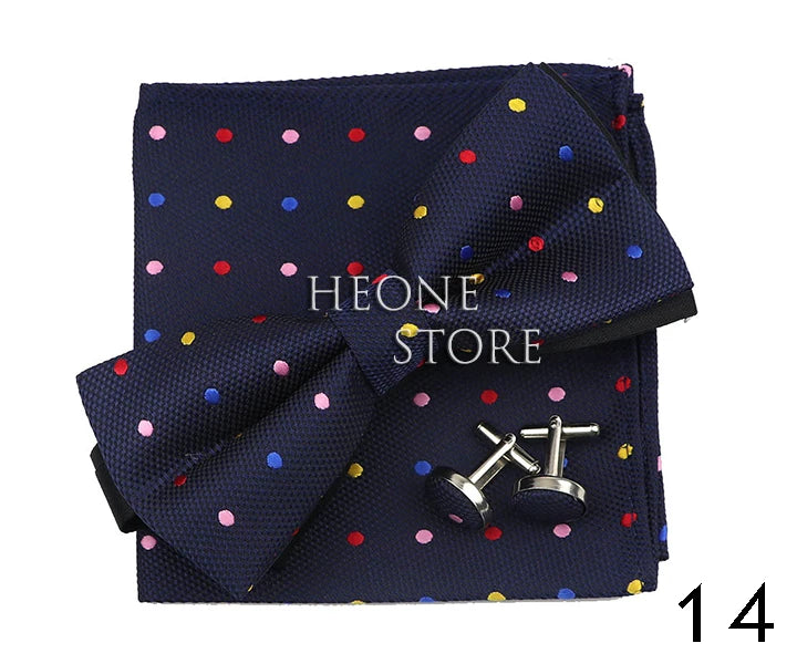 3PC Mens Bowtie Set Fashion Dot Solid Polyester Bow Tie Handkerchief Cufflinks Bar Party Wedding Business Daily Wear Accessories
