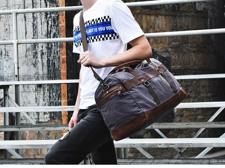 Vintage Waxed Canvas Men Luggage bag Genuine Leather Men Travel Bags Large Duffel Bags Weekend bag of trip Overnight carry on