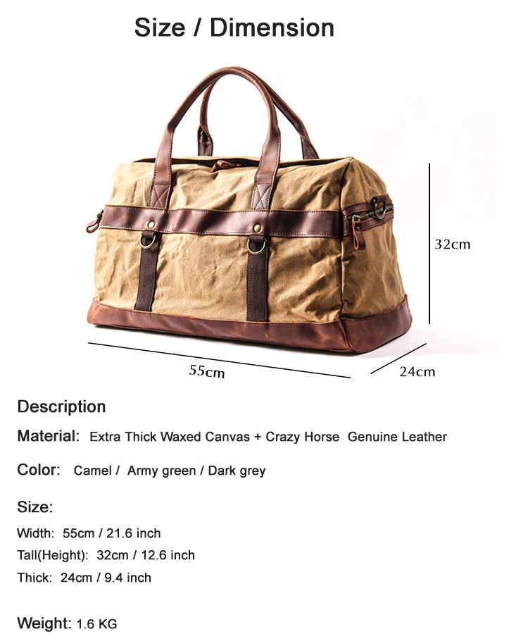 Vintage Waxed Canvas Men Luggage bag Genuine Leather Men Travel Bags Large Duffel Bags Weekend bag of trip Overnight carry on