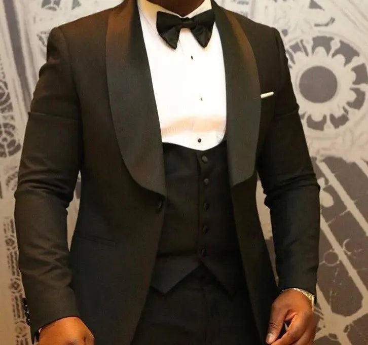 Men Suits Light Navy Blue and Black Groom Tuxedos Shawl Lapel Groomsmen Wedding Best Man ( Jacket+Pants+Bow Tie+Vest ) C684