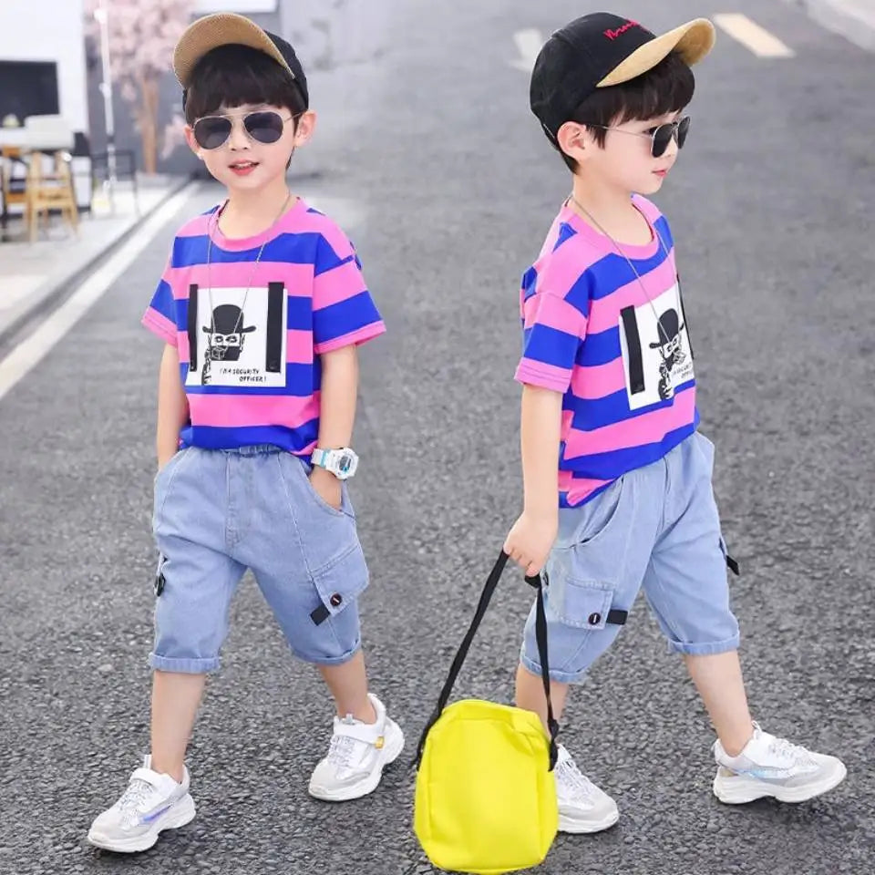 Summer Baby Boys Clothes Suit Stripe Cotton T-shirt+Jeans Short Pant 2PCS Set Kids Boys Clothing For 3 4 5 6 7 8 9 10 11 12 Yrs