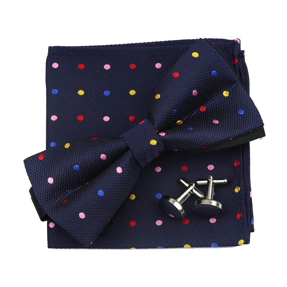3PC Mens Bowtie Set Fashion Dot Solid Polyester Bow Tie Handkerchief Cufflinks Bar Party Wedding Business Daily Wear Accessories