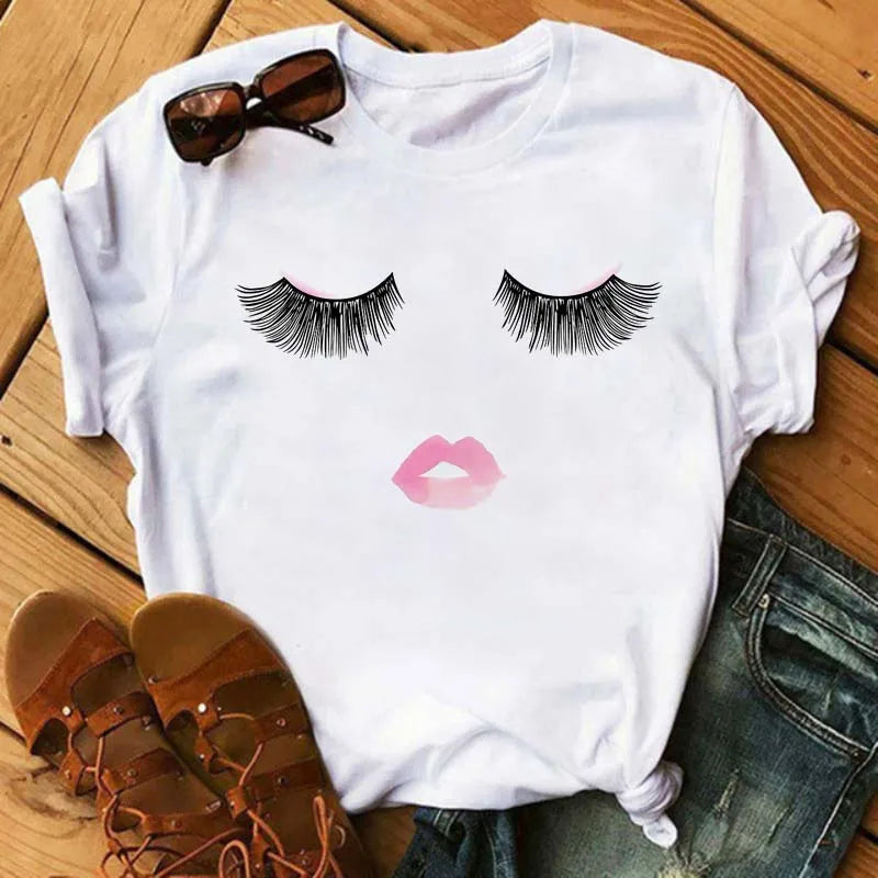Maycaur New Cute Eye Lashes Red Lips Print Women T Shirt Summer Casual Short Sleeve O Neck T-shirt Fashion Ladies Shirt Tops