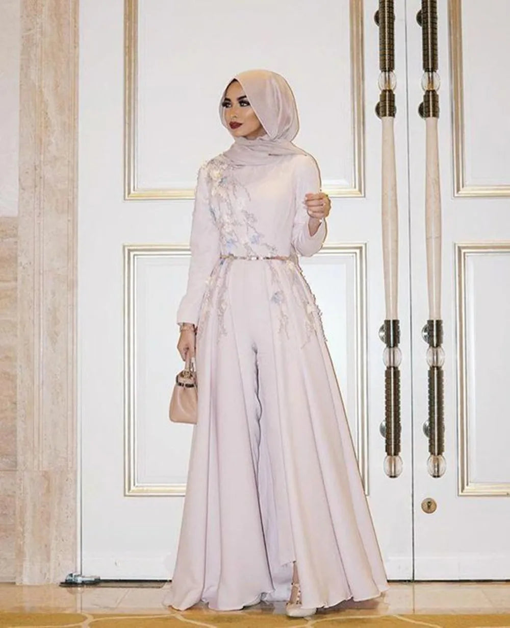 Customized Ivory Long Sleeve Muslim Evening Dress Embroidery robe soiree Islamic dubai Hijab Evening Pantsuit Formal Prom Gown