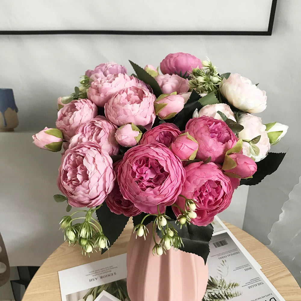 30cm Rose Pink Silk Bouquet Peony Artificial Flowers 5 Big Heads 4 Small Bud Bride Wedding Home Decoration Fake Flowers Faux