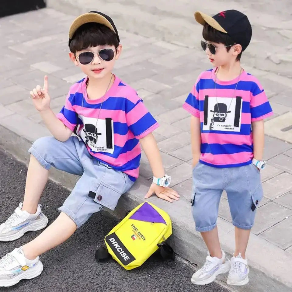 Summer Baby Boys Clothes Suit Stripe Cotton T-shirt+Jeans Short Pant 2PCS Set Kids Boys Clothing For 3 4 5 6 7 8 9 10 11 12 Yrs