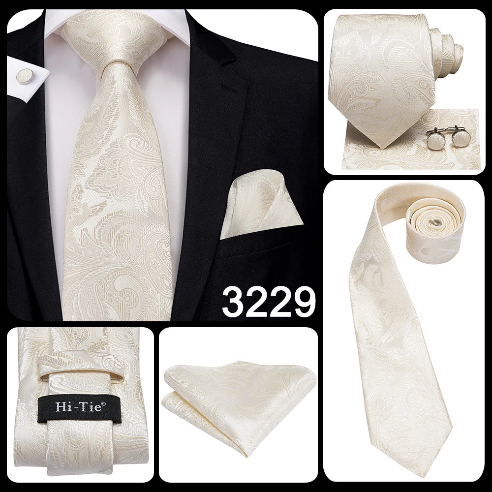 Hi-Tie Champagne Ivory Floral Solid Design Silk Wedding Tie For Men Quality Hanky Cufflink Fashion Nicktie Business Dropshipping