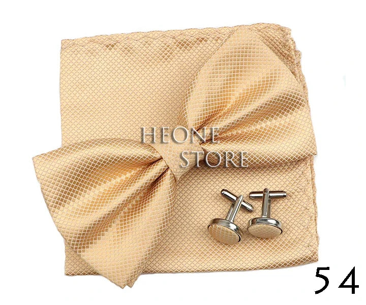 3PC Mens Bowtie Set Fashion Dot Solid Polyester Bow Tie Handkerchief Cufflinks Bar Party Wedding Business Daily Wear Accessories