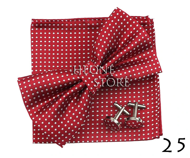 3PC Mens Bowtie Set Fashion Dot Solid Polyester Bow Tie Handkerchief Cufflinks Bar Party Wedding Business Daily Wear Accessories