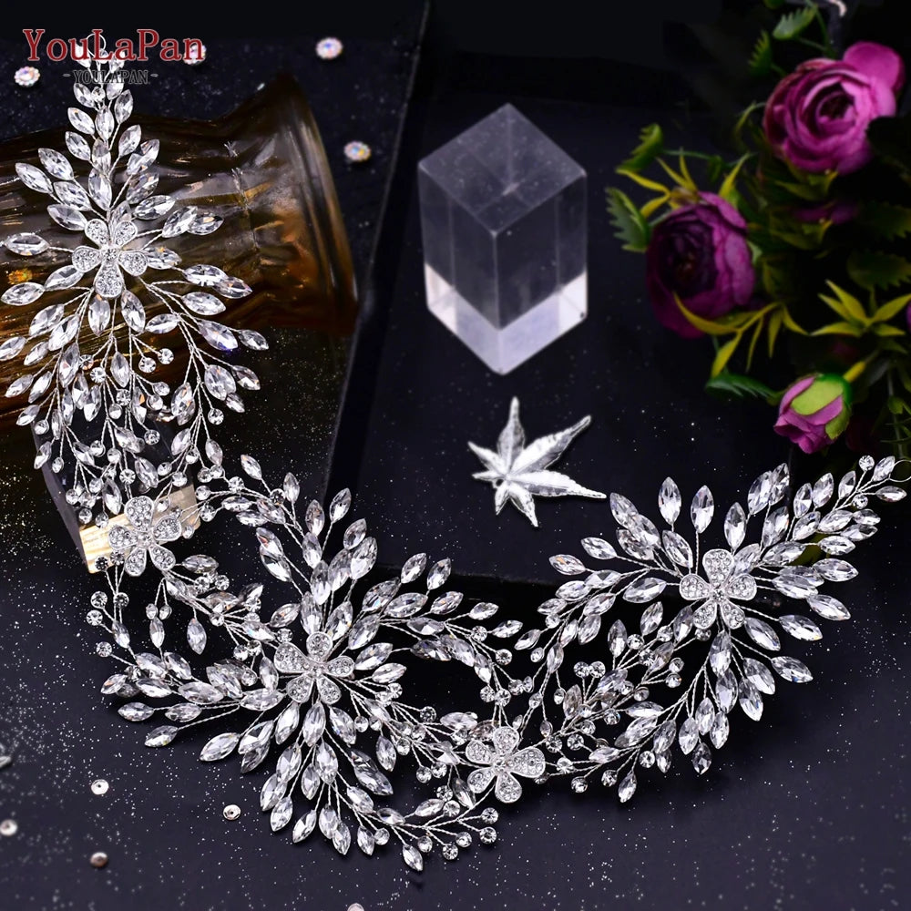 YouLaPan Luxury Wedding Headpiece Rhinestone Hair Vine for Bride Headwear Alloy Flower Headband Weding Hair Accessories HP390