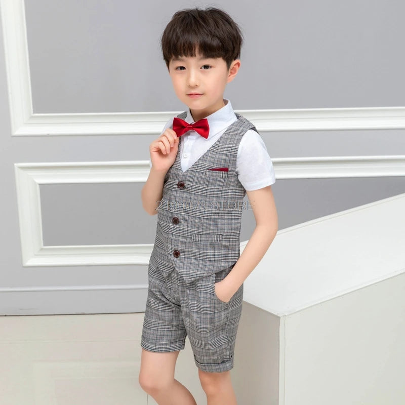 2021 Boys Formal Suits Summer Short Sleeve Blazer+Shorts 2pcs Children Kids Wedding Clothing Sets Prom Performance Costumes