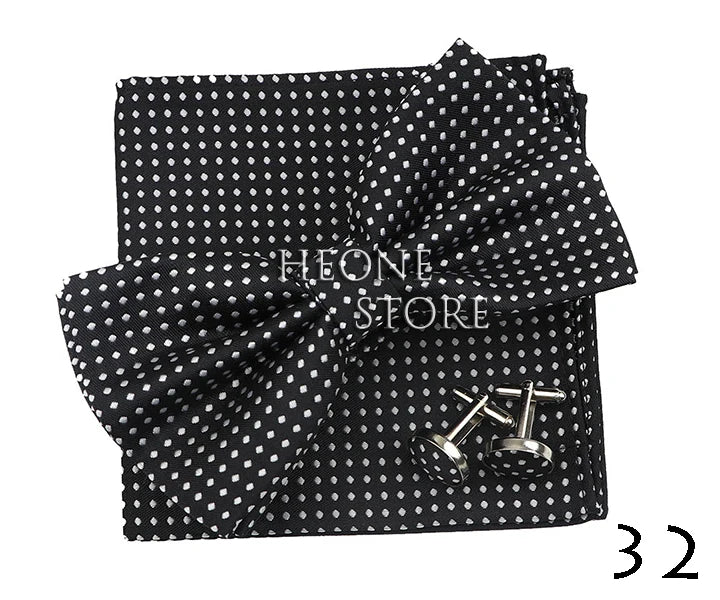3PC Mens Bowtie Set Fashion Dot Solid Polyester Bow Tie Handkerchief Cufflinks Bar Party Wedding Business Daily Wear Accessories