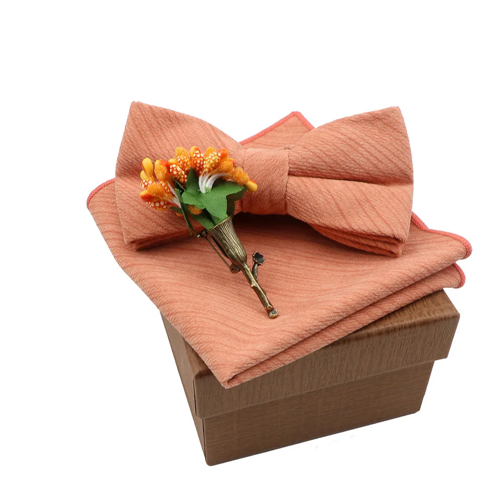 Solid Color Cotton Bowtie Handkerchief Flower Brooch Set For Men Women Party Wedding Blue Pink Green Bowties Novelty Ties Gift