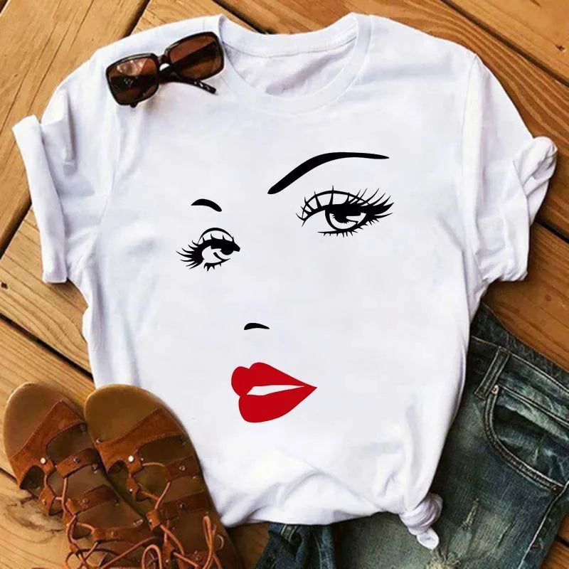 Maycaur New Cute Eye Lashes Red Lips Print Women T Shirt Summer Casual Short Sleeve O Neck T-shirt Fashion Ladies Shirt Tops