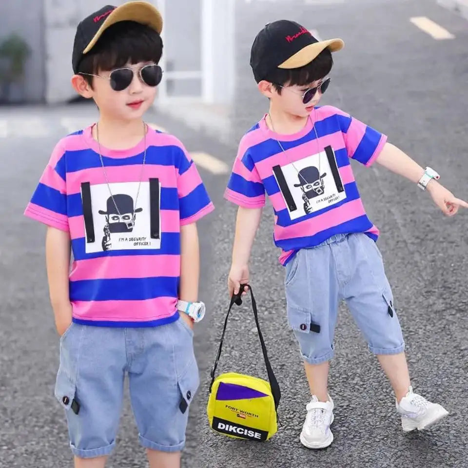 Summer Baby Boys Clothes Suit Stripe Cotton T-shirt+Jeans Short Pant 2PCS Set Kids Boys Clothing For 3 4 5 6 7 8 9 10 11 12 Yrs