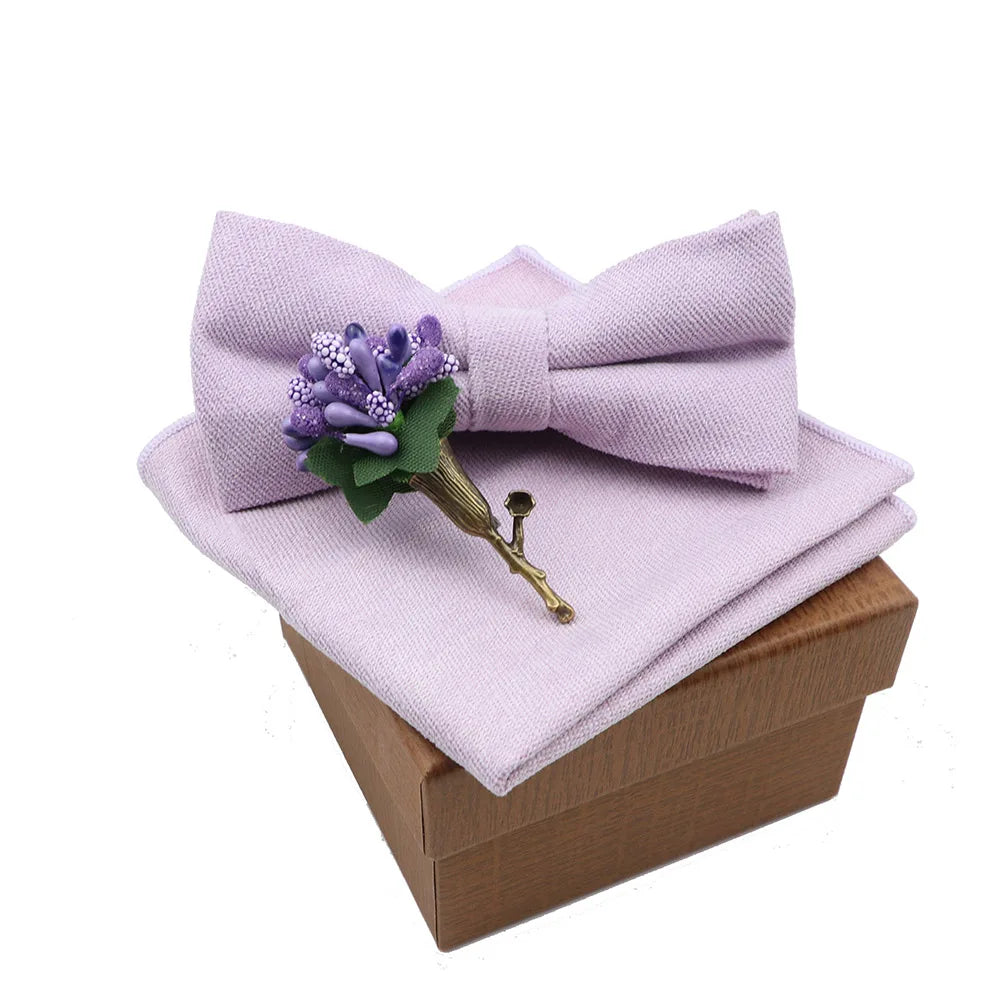 Solid Color Cotton Bowtie Handkerchief Flower Brooch Set For Men Women Party Wedding Blue Pink Green Bowties Novelty Ties Gift