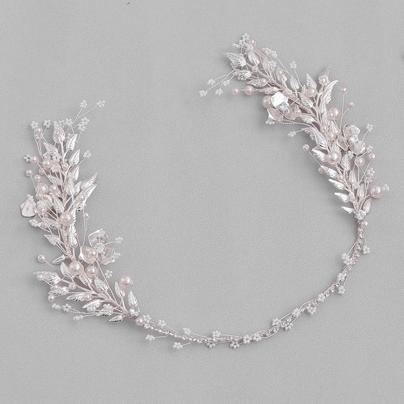 Silver Color Leaf Pearl Headband Tiara For Bridal Hair Accessories Wedding Hair Band Crystal Pearl Tiaras and Brides Headpieces