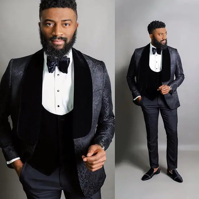 Men Suits Light Navy Blue and Black Groom Tuxedos Shawl Lapel Groomsmen Wedding Best Man ( Jacket+Pants+Bow Tie+Vest ) C684