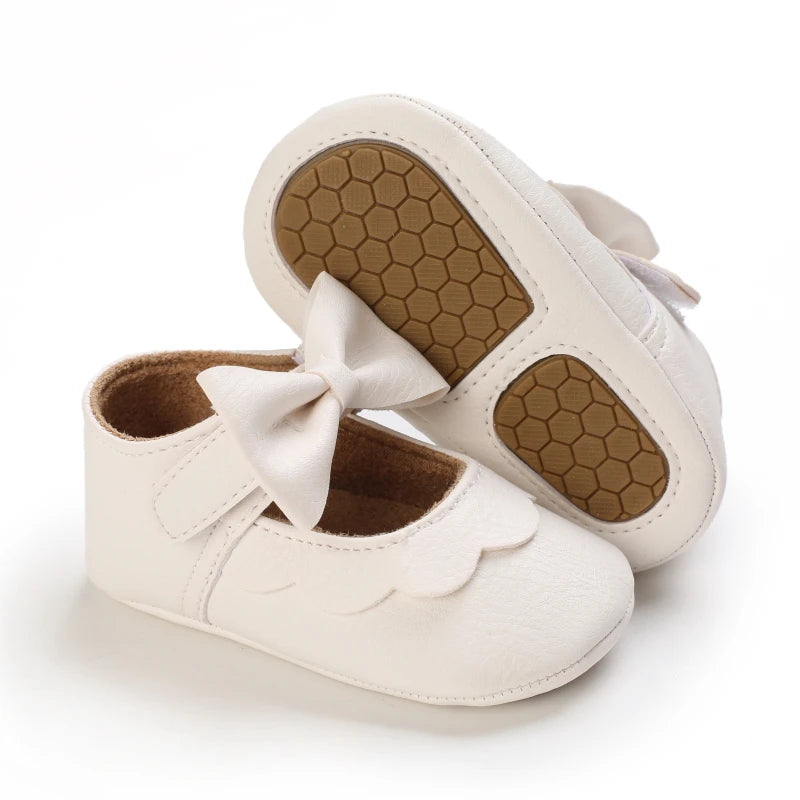 VALEN SINA 0-18 Months Newborn Girl White Baptism Shoes Bow Non-slip Rubber Soft-Sole Flat PU First Walker Mary Janes