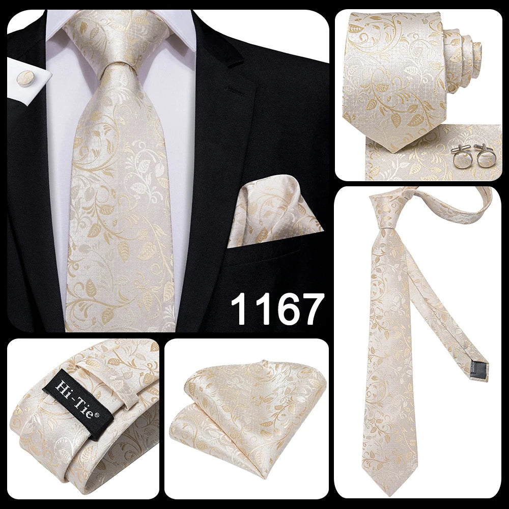 Hi-Tie Champagne Ivory Floral Solid Design Silk Wedding Tie For Men Quality Hanky Cufflink Fashion Nicktie Business Dropshipping
