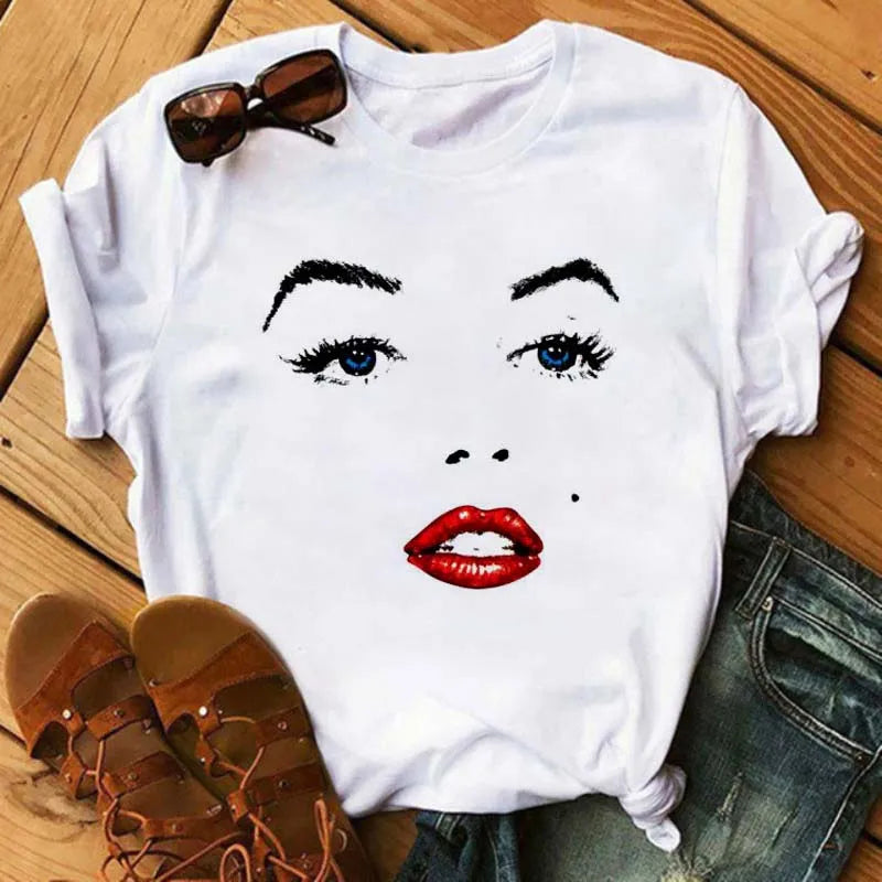 Maycaur New Cute Eye Lashes Red Lips Print Women T Shirt Summer Casual Short Sleeve O Neck T-shirt Fashion Ladies Shirt Tops
