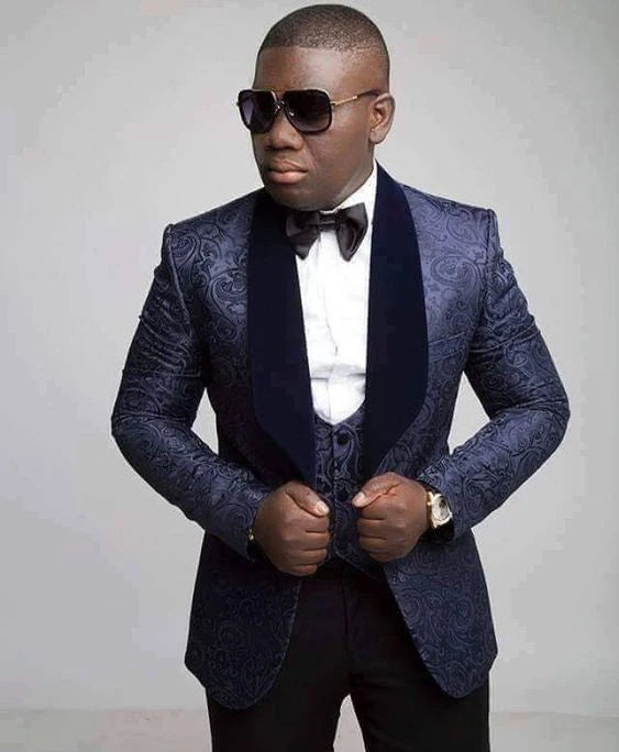Men Suits Light Navy Blue and Black Groom Tuxedos Shawl Lapel Groomsmen Wedding Best Man ( Jacket+Pants+Bow Tie+Vest ) C684