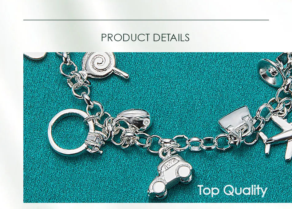 DOTEFFIL 925 Sterling Silver 18K Gold Shoe Bell Airplane Lock Car Fish Ring Lollipop Guitar Bracelet Chain Women Charm Jewelry