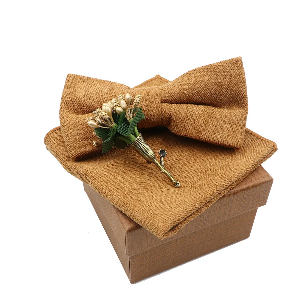 Solid Color Cotton Bowtie Handkerchief Flower Brooch Set For Men Women Party Wedding Blue Pink Green Bowties Novelty Ties Gift