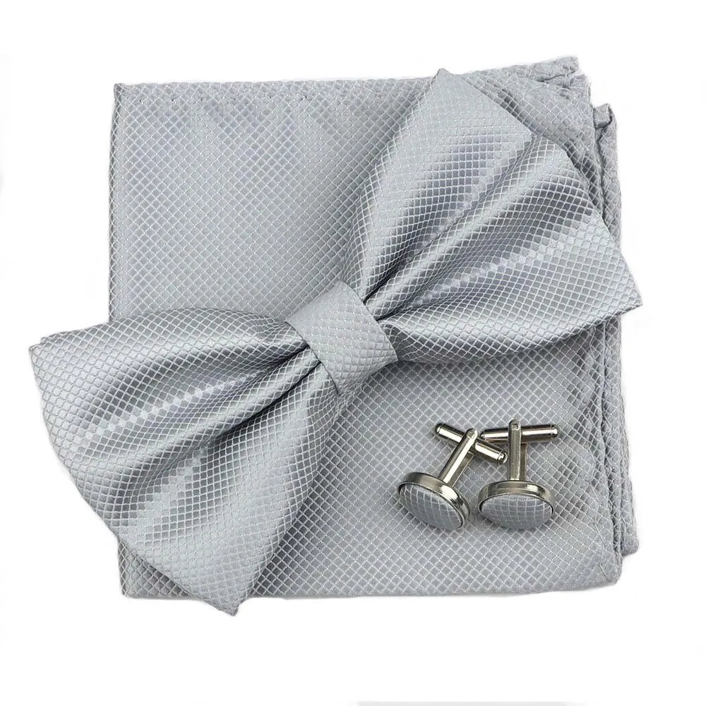 3PC Mens Bowtie Set Fashion Dot Solid Polyester Bow Tie Handkerchief Cufflinks Bar Party Wedding Business Daily Wear Accessories