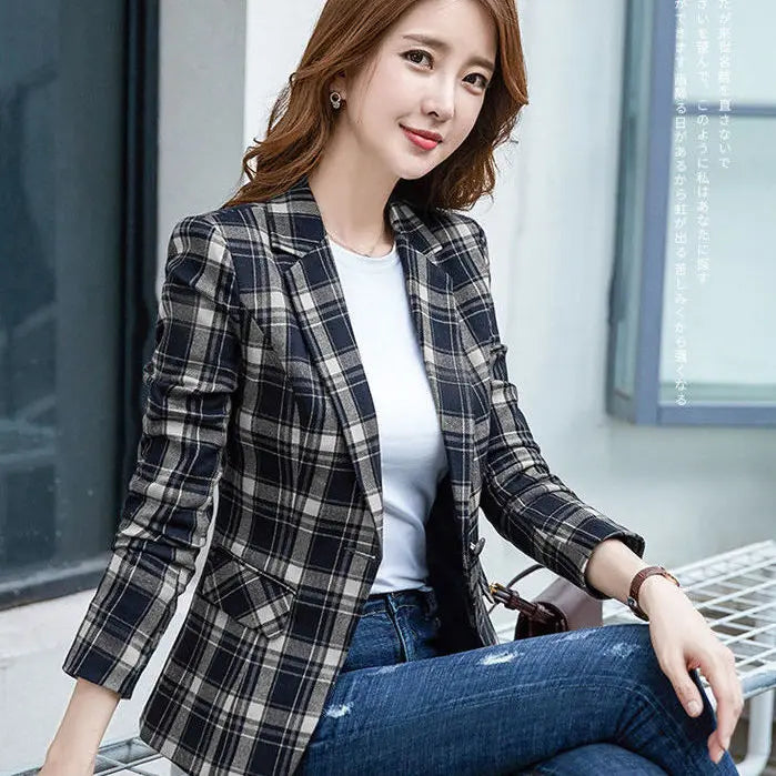 PEONFLY Vintage Casual Plaid Blazer Women Fashion Single Button Office Ladies Jacket Coat Notched Collar Long Sleeve Jacket 2023