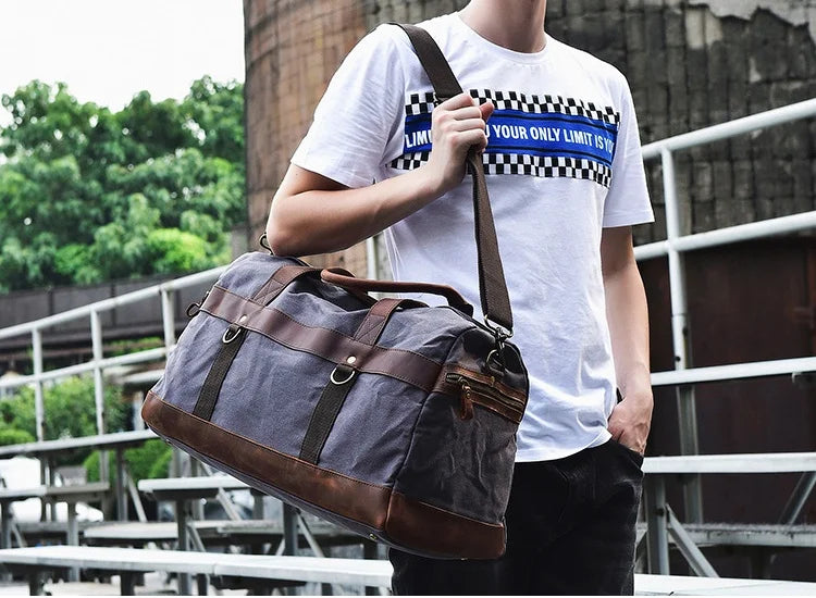 Vintage Waxed Canvas Men Luggage bag Genuine Leather Men Travel Bags Large Duffel Bags Weekend bag of trip Overnight carry on