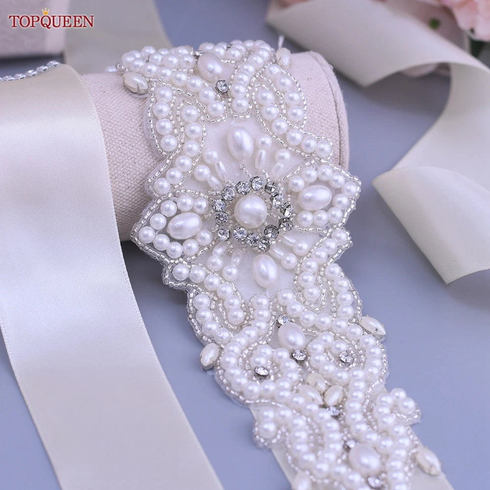 TOPQUEEN Wedding Dress Belt Luxury Full Pearl Bridal Belt Women Moroccan Decoration Satin Ribbon Belt Handmade Beaded S26A