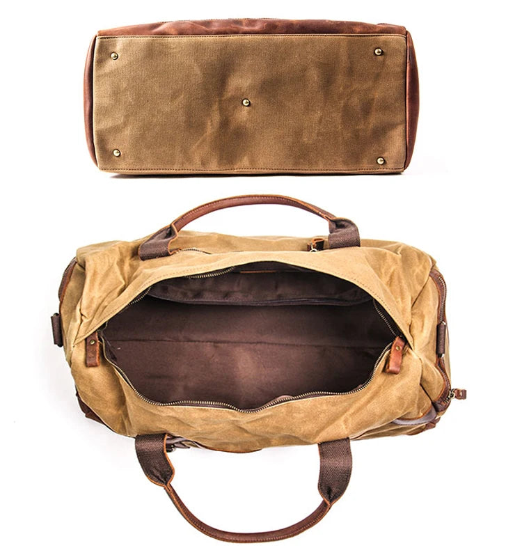 Vintage Waxed Canvas Men Luggage bag Genuine Leather Men Travel Bags Large Duffel Bags Weekend bag of trip Overnight carry on
