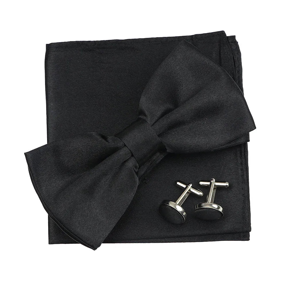 3PC Mens Bowtie Set Fashion Dot Solid Polyester Bow Tie Handkerchief Cufflinks Bar Party Wedding Business Daily Wear Accessories