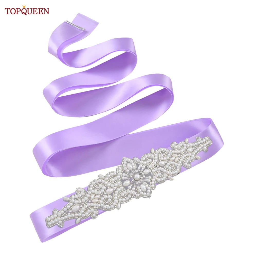 TOPQUEEN Wedding Dress Belt Luxury Full Pearl Bridal Belt Women Moroccan Decoration Satin Ribbon Belt Handmade Beaded S26A