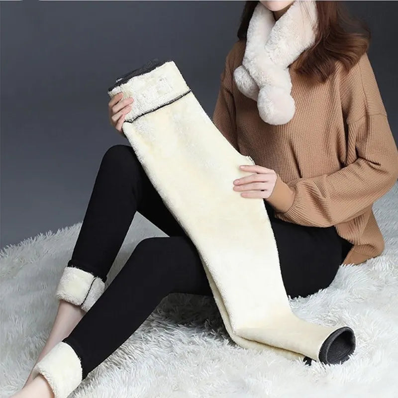 Winter Women Leggings Solid Warm Leggings Thicken Lambwool Hight Waist Fleece Keep Butt Lift High Stretchy Walking Pants Pocket