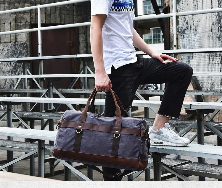 Vintage Waxed Canvas Men Luggage bag Genuine Leather Men Travel Bags Large Duffel Bags Weekend bag of trip Overnight carry on