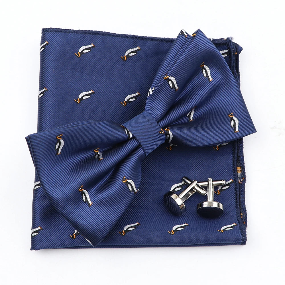 3PC Mens Bowtie Set Fashion Dot Solid Polyester Bow Tie Handkerchief Cufflinks Bar Party Wedding Business Daily Wear Accessories