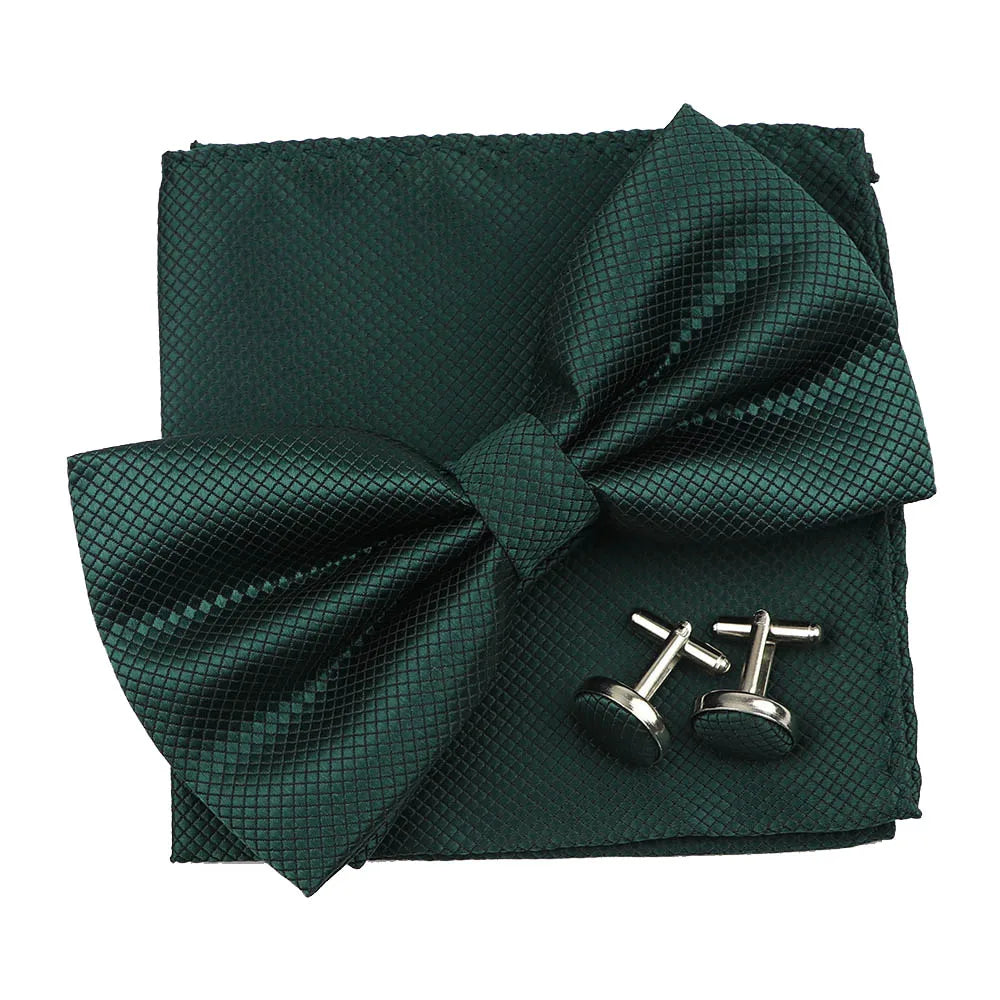 3PC Mens Bowtie Set Fashion Dot Solid Polyester Bow Tie Handkerchief Cufflinks Bar Party Wedding Business Daily Wear Accessories