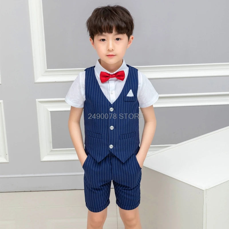 2021 Boys Formal Suits Summer Short Sleeve Blazer+Shorts 2pcs Children Kids Wedding Clothing Sets Prom Performance Costumes