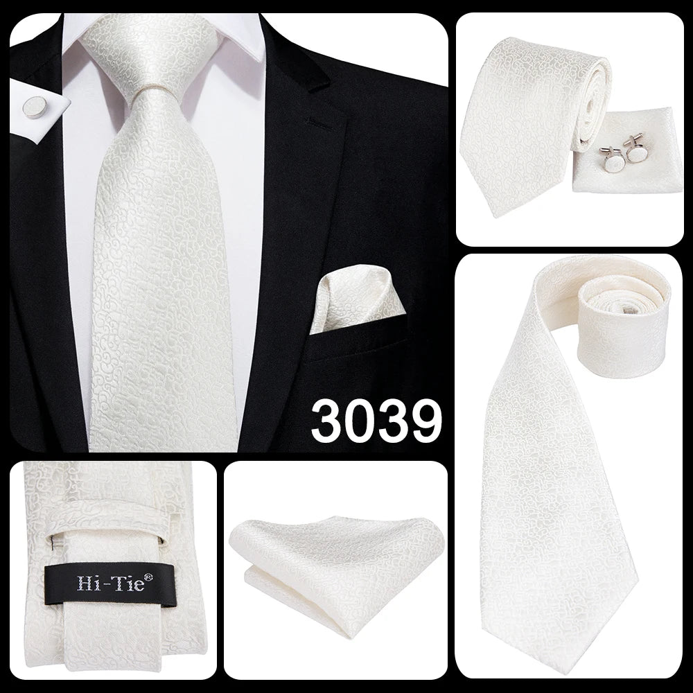 Hi-Tie Champagne Ivory Floral Solid Design Silk Wedding Tie For Men Quality Hanky Cufflink Fashion Nicktie Business Dropshipping